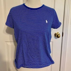 Polo, blue and white striped t shirt